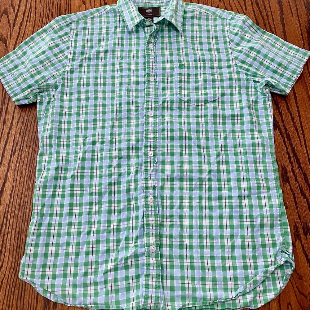 Timberland Men’s S Plaid Green Casual Cotton Button Up Shirt Spring Short Sleeve